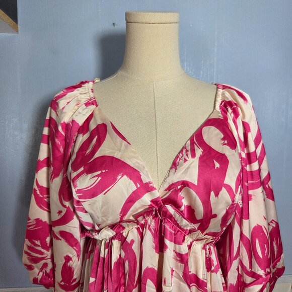 She + Sky Medium Hot Pink White Floral V Neck Balloon Sleeve Knee Length Dress - Picture 2 of 11